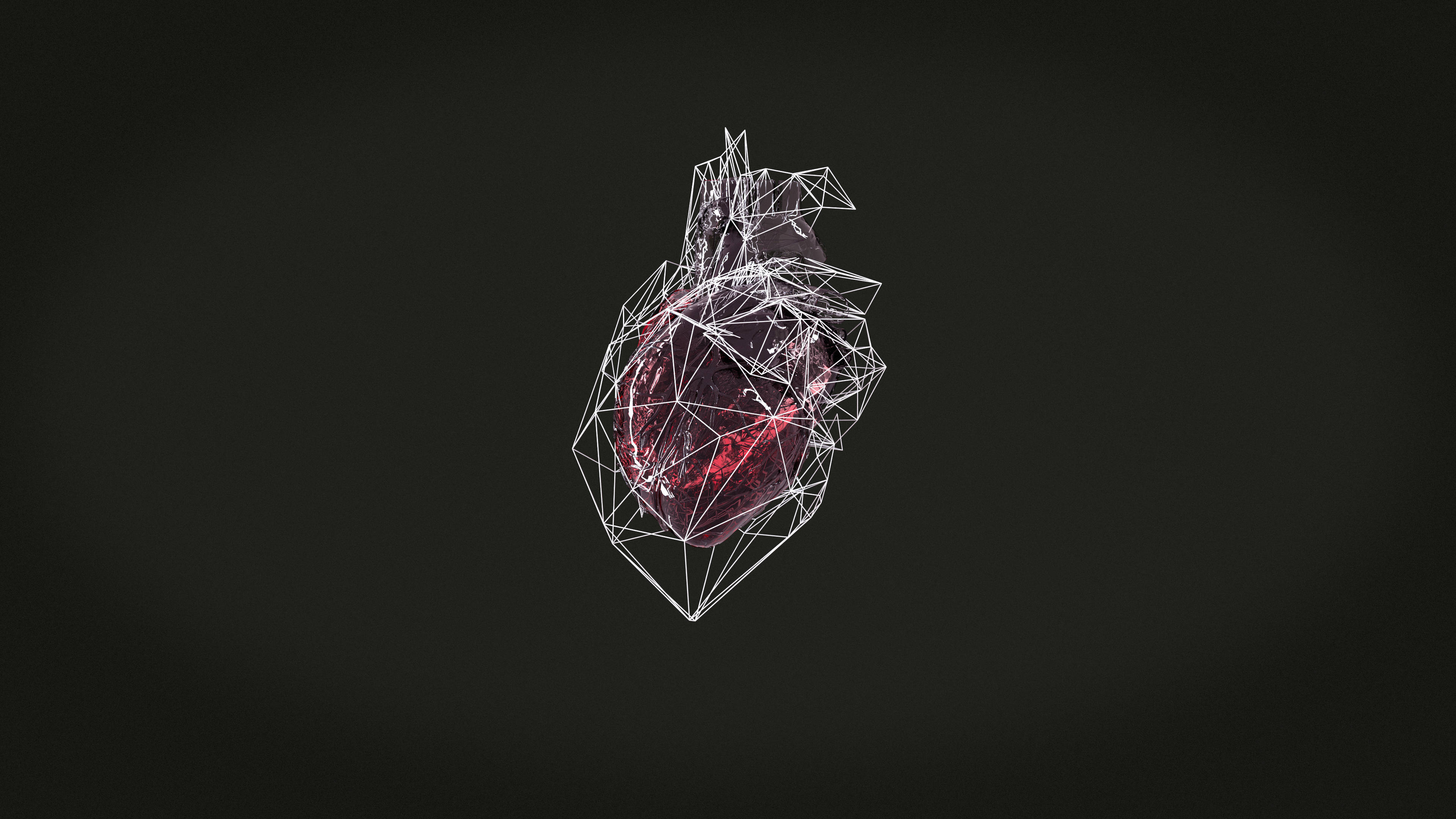 Black Heart Aesthetic 桌布 壁紙 — 一個發光的紅色心形，包裹在白色幾何線框結構中，背景為深色。