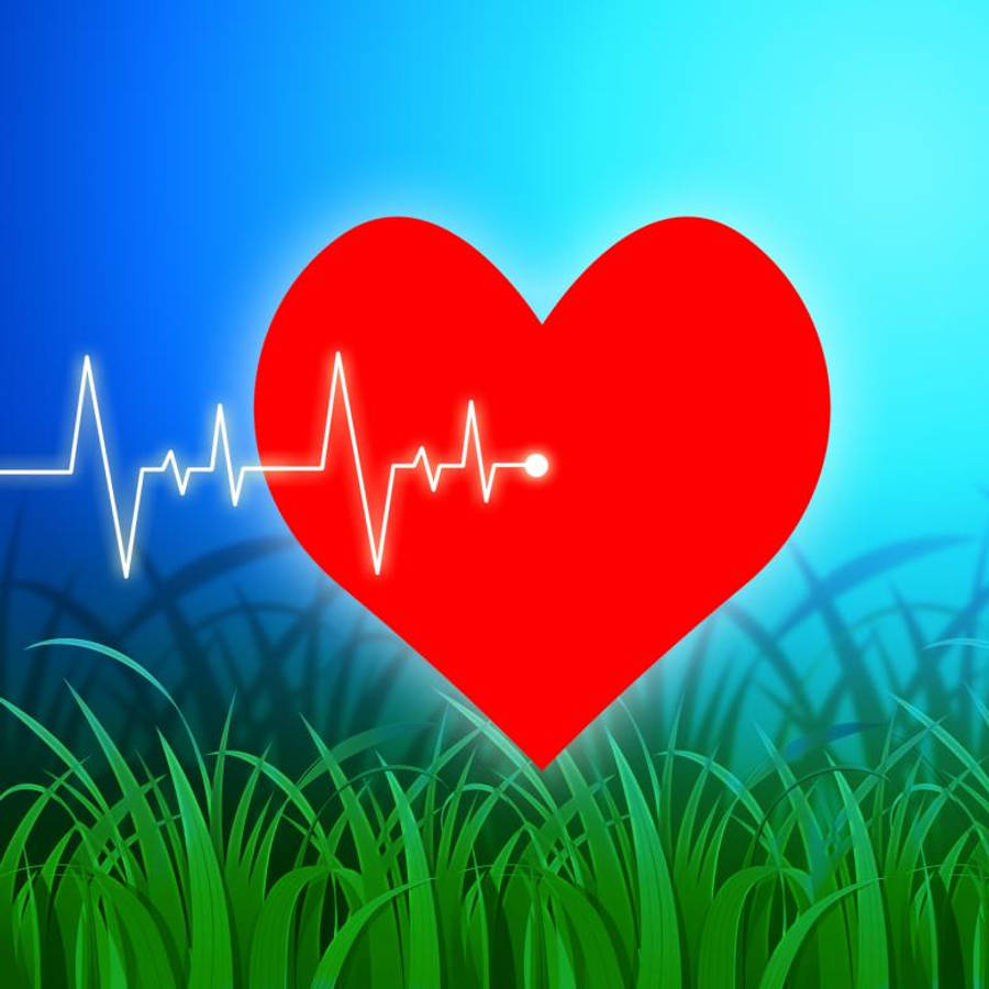 Heartbeat 桌布 壁紙 — 一個發光的紅色心形，帶有白色心跳線，在充滿活力的綠色草地上方脈動，背景是漸變的藍色天空。