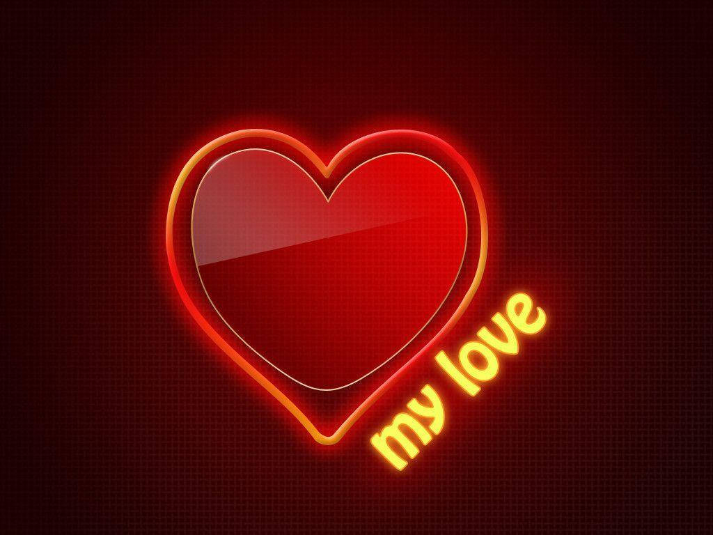 愛情語錄 桌布 壁紙 — 一個發光的紅色心形，帶有霓虹黃色的 'my love' 文字，背景是深紅色網格。
