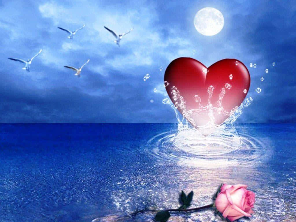Cute Love Heart 桌布 壁紙 — 一個發光的紅色心形在月光下的海水中飛濺，海鷗在頭頂飛翔，一朵粉紅玫瑰擱在岸邊。
