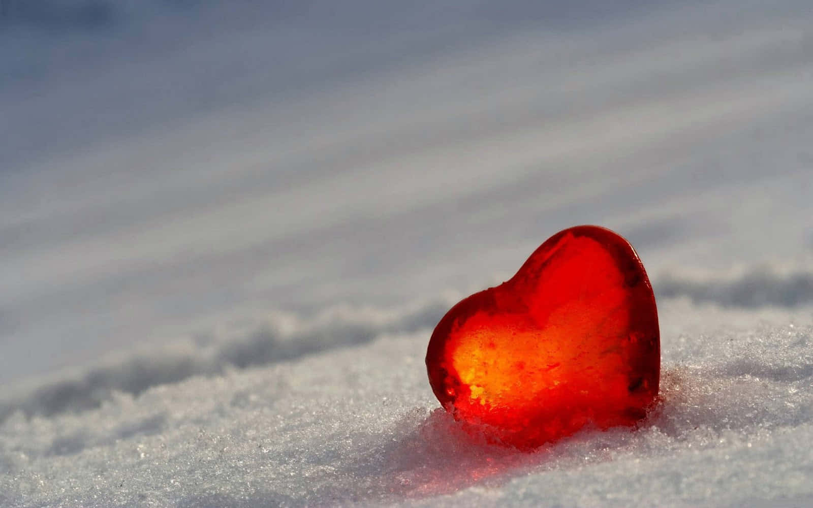 3d Heart 桌布 壁紙 — 一個發光的紅色心形玻璃物體在明亮的陽光下安放在柔軟的雪中。