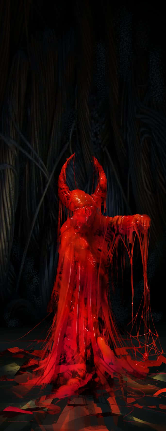 紅色惡魔生物，有角在黑暗森林中滴落，夜晚。 — 惡魔動圖 壁紙