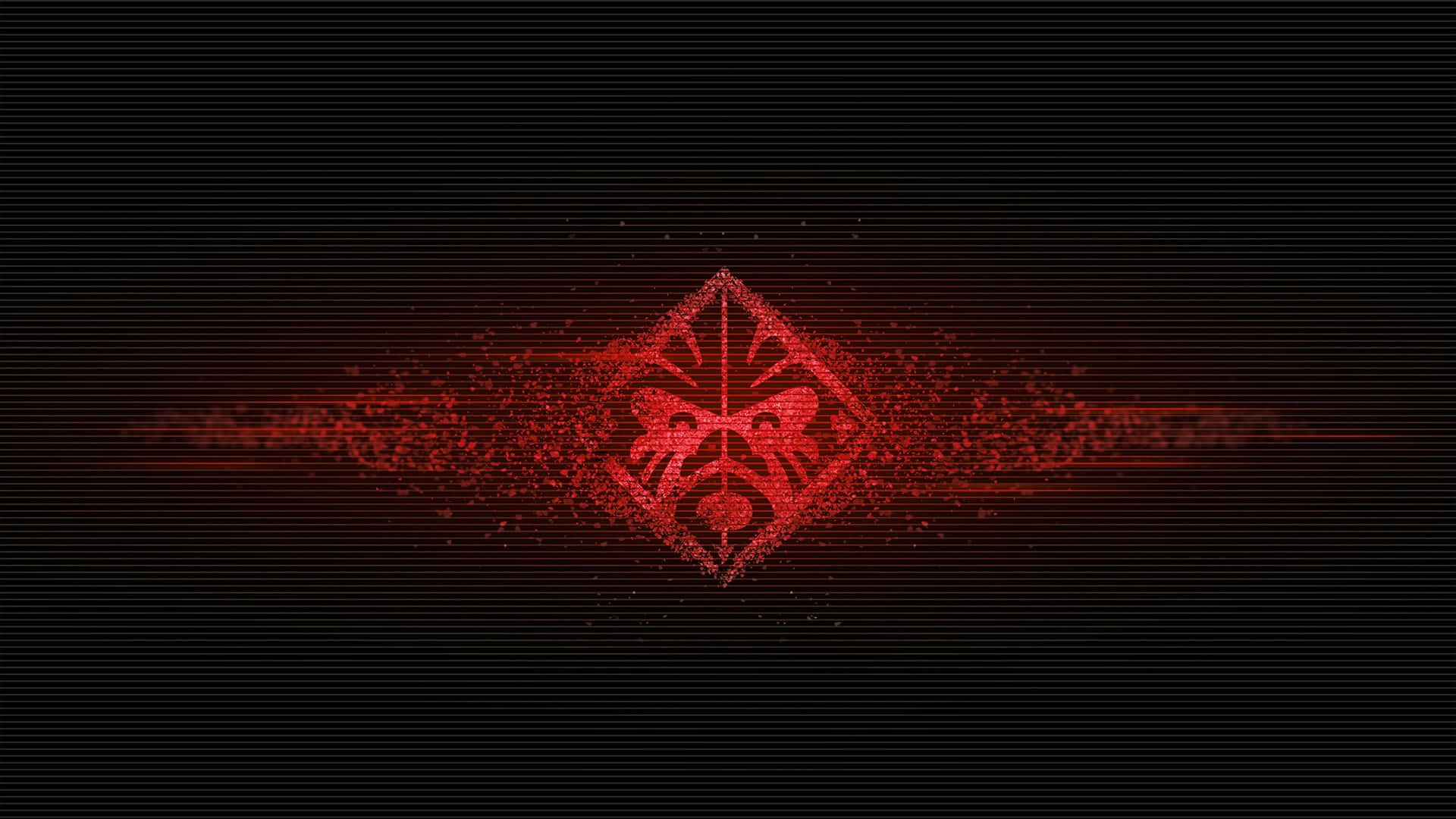 Red Gaming 桌布 壁紙 — 一個發光的紅色數位徽章在帶有水平掃描線的黑色螢幕上，以粒子效果脈動。