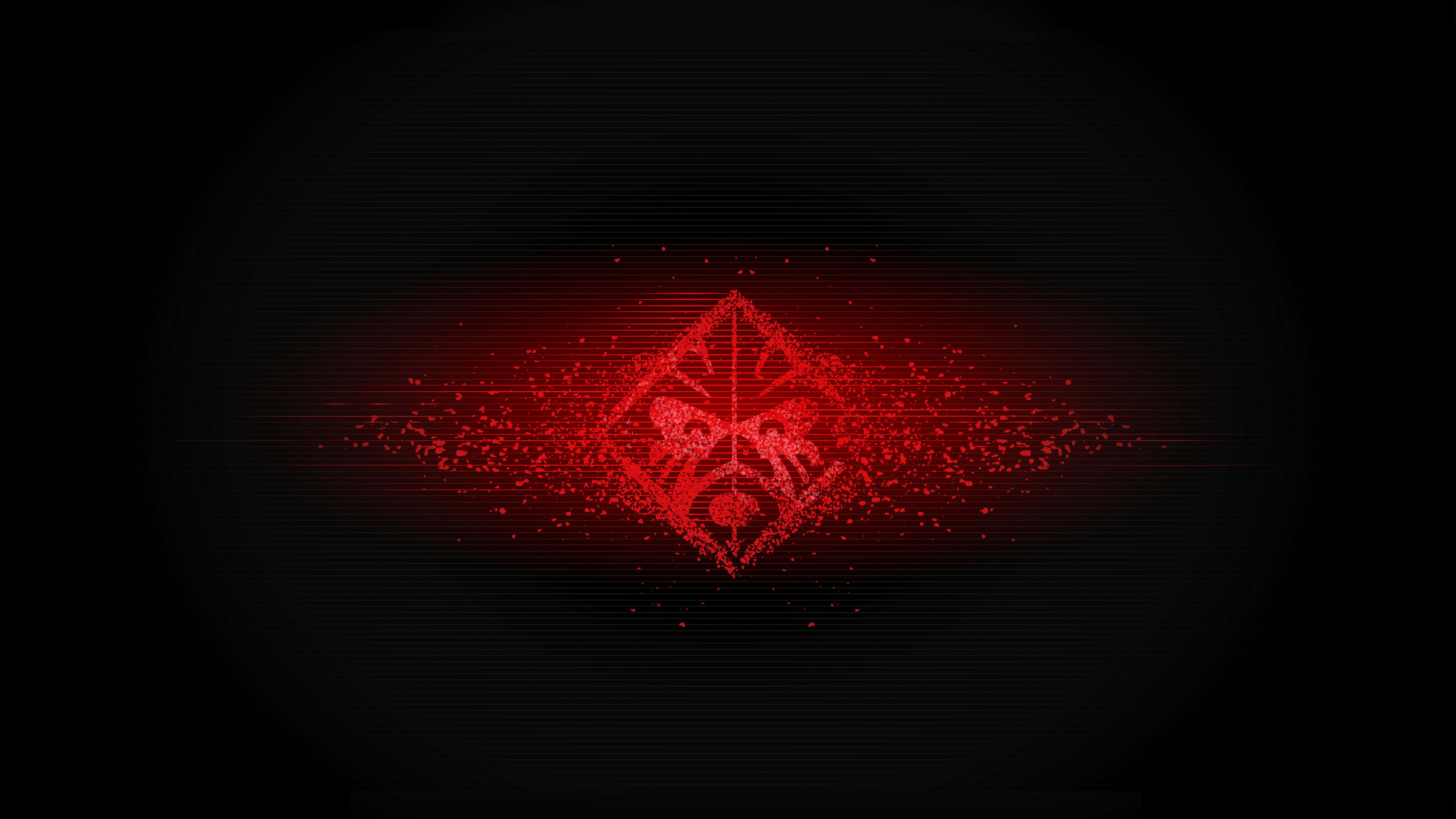 Hp Omen 桌布 壁紙 — 一個發光的紅色數位徽章在黑暗的故障背景上脈動，帶有粒子效果。