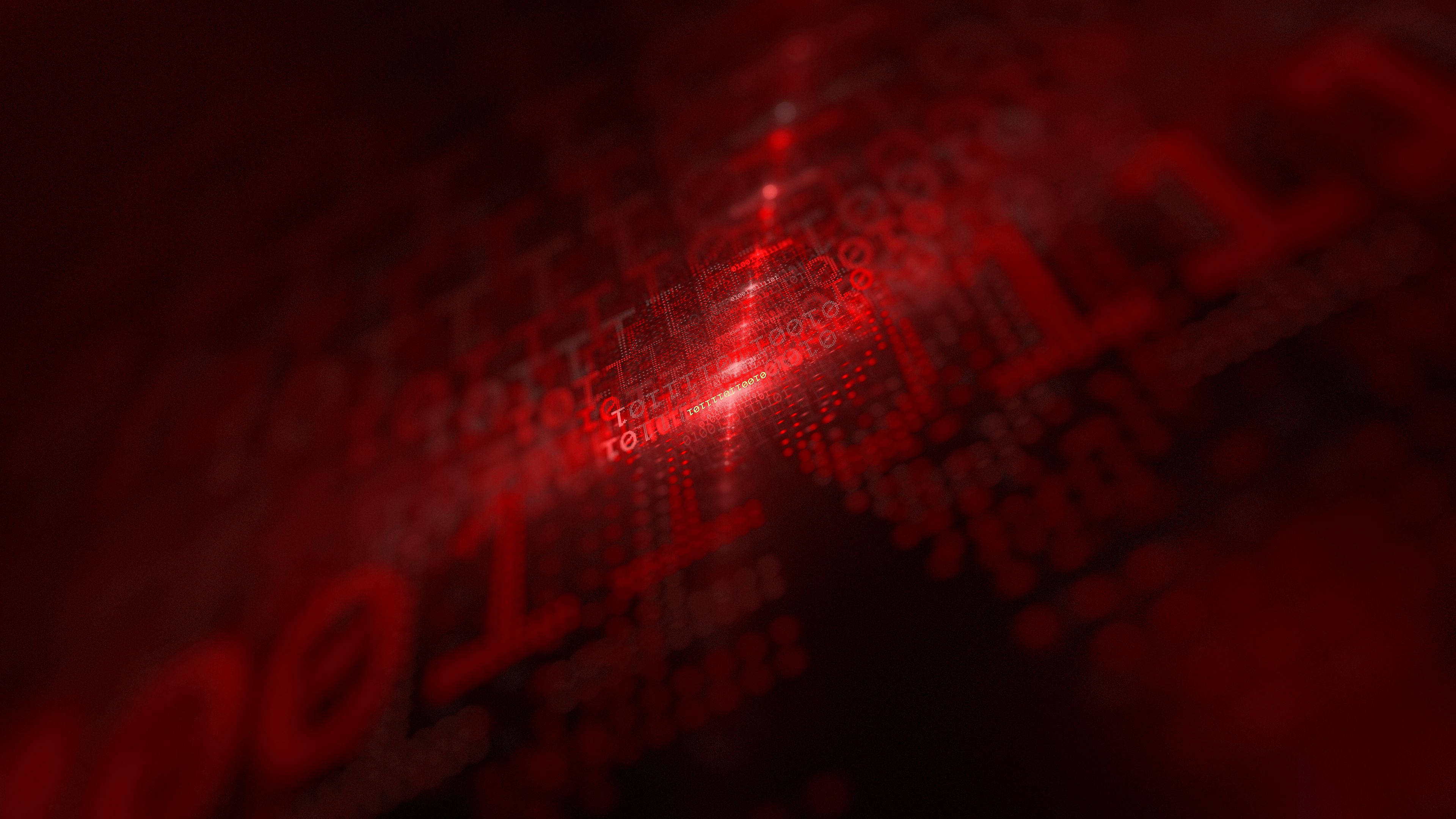 Coder 桌布 壁紙 — 一個發光的紅色數字矩陣，包含金融數據和股票行情，在黑暗背景下緊迫地跳動。