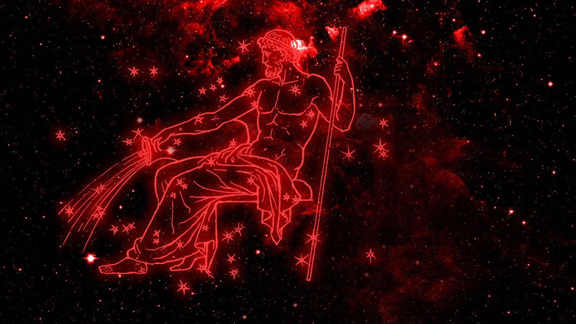 aquarius 桌布 壁紙 — 一個發光的紅色星座輪廓，描繪一位坐著的神話人物手持權杖，背景是繁星點點的宇宙。