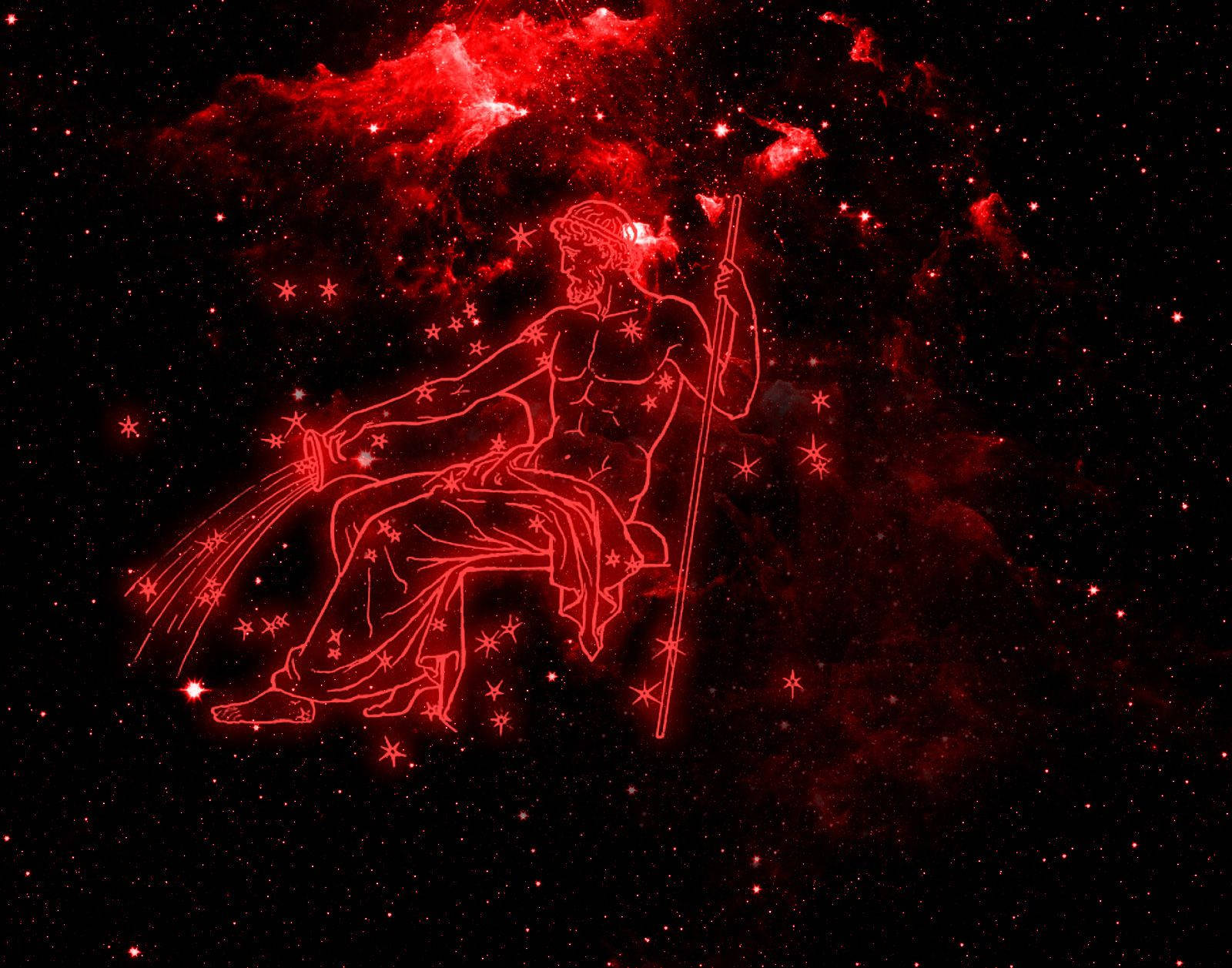紅色星座人物坐在太空中，背景有星星和星雲 — 星座 GIF 壁紙