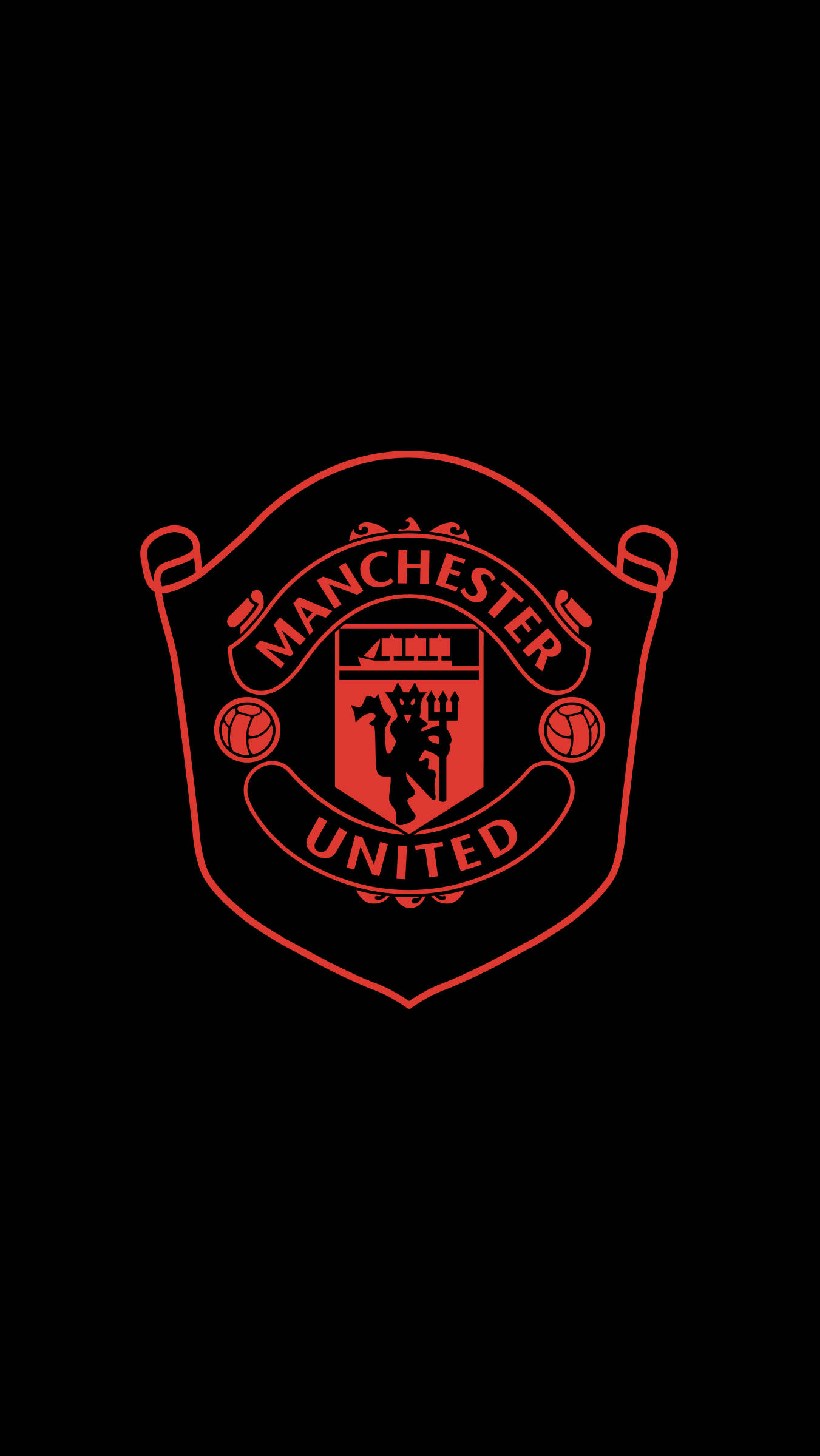 Manchester United Logo 桌布 壁紙 — 一個發光的紅色曼聯標誌，居中在純黑色背景上。