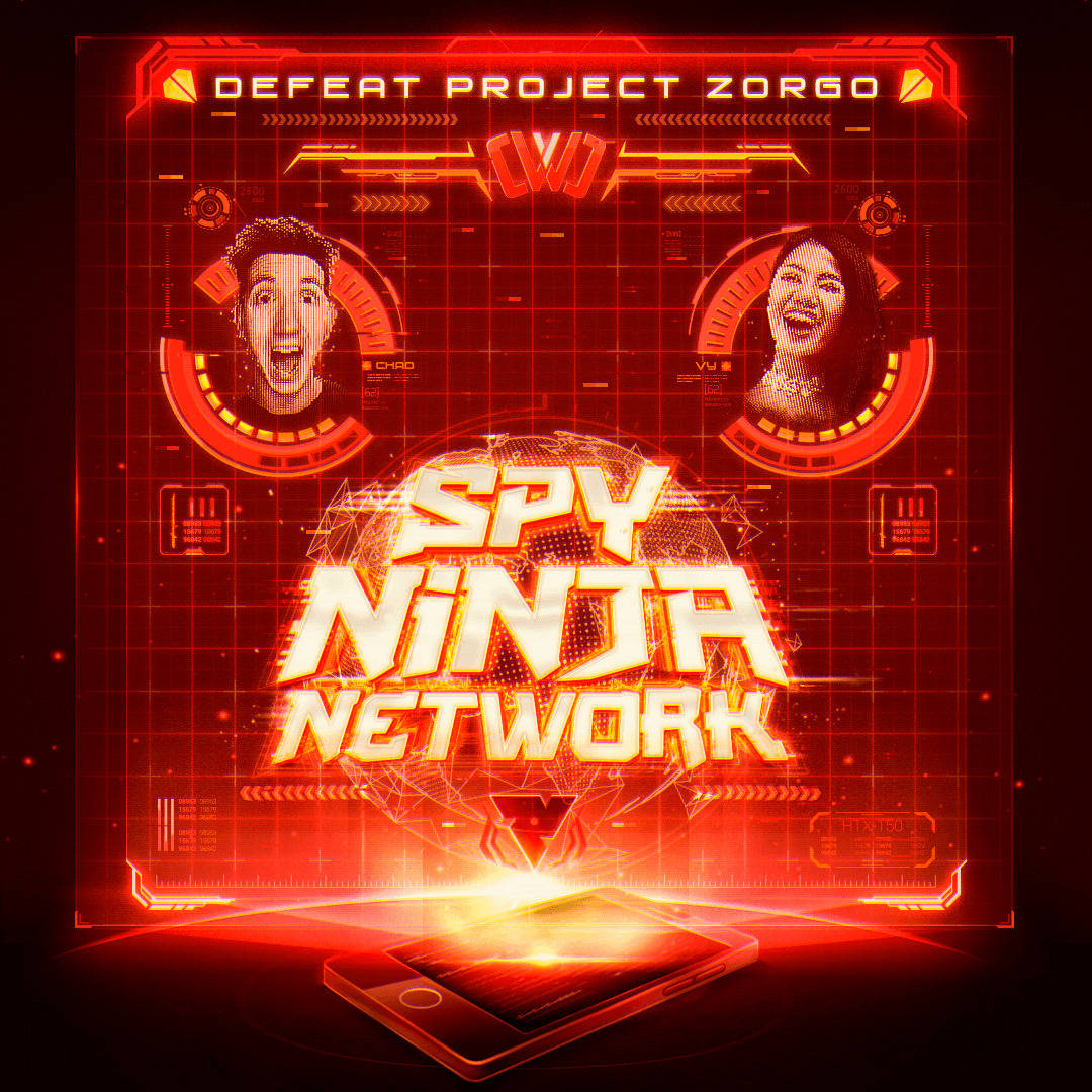 Spy Ninja 桌布 壁紙 — 一個發光的紅色未來風格介面顯示「Spy Ninja Network」，兩個微笑的臉孔在圓形HUD中，位於全息地球上方。