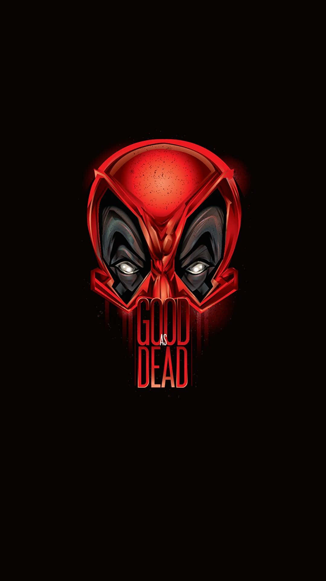 桌布 壁紙 — 一個發光的紅色死侍面具，帶有強烈的眼睛和文字「GOOD AS DEAD」，背景為黑色。