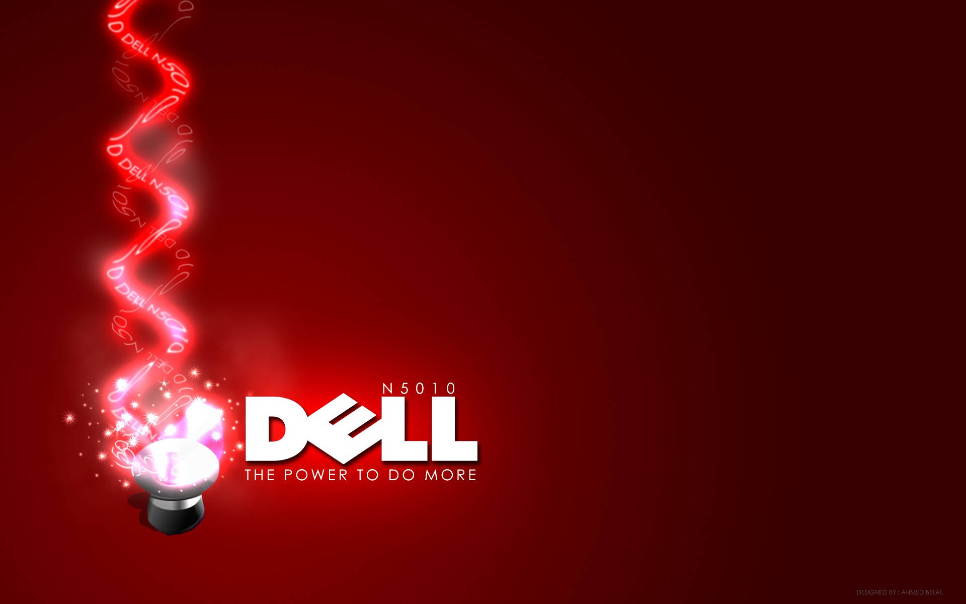 dell HD 桌布 壁紙 — 一個發光的紅色燈泡在深紅色漸變背景上發出螺旋形的「DELL」文字軌跡，並帶有Dell標誌和標語。