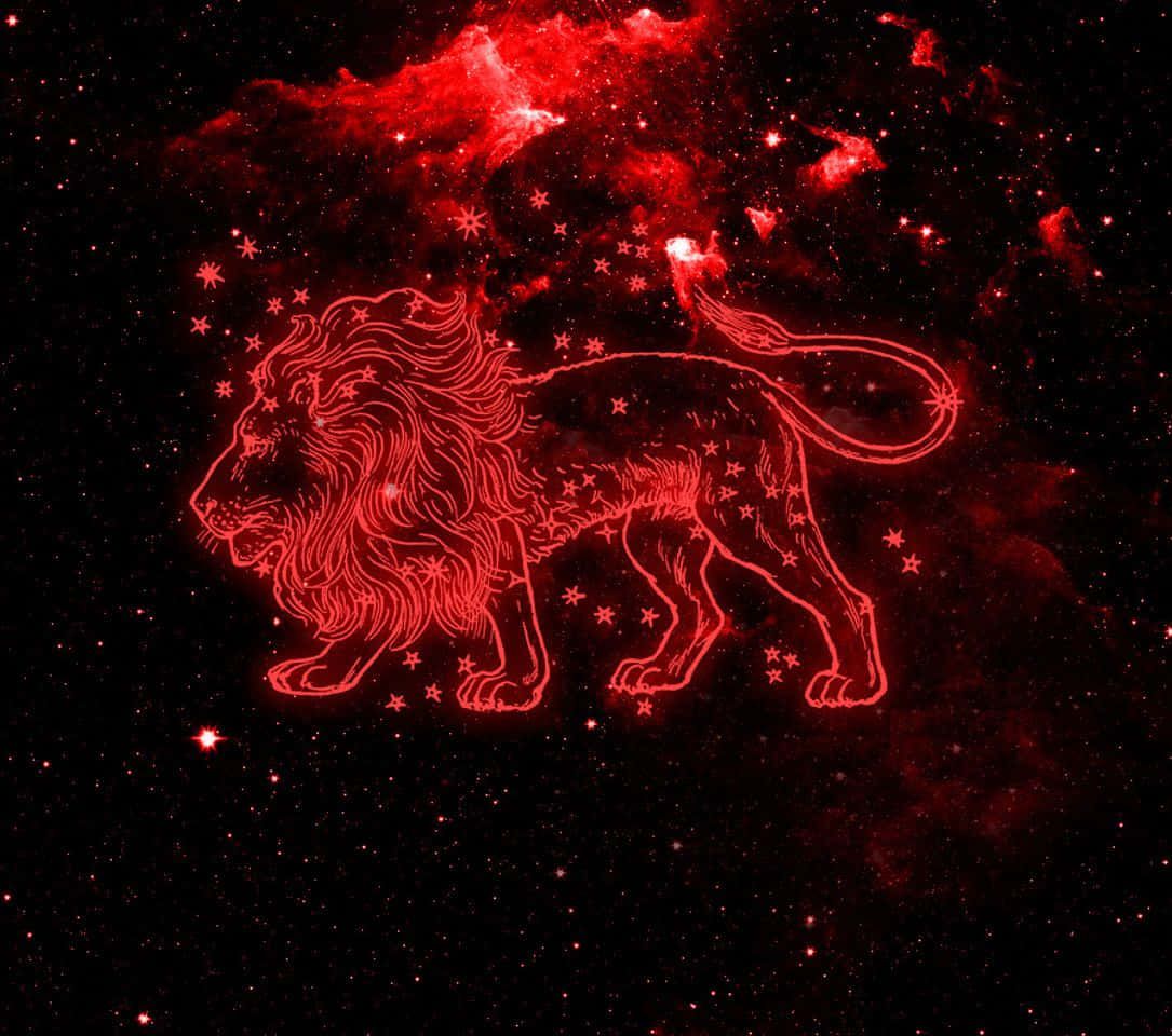 Leo 桌布 壁紙 — 一個發光的紅色獅子座星座，以星星勾勒出輪廓，背景是宇宙星雲。