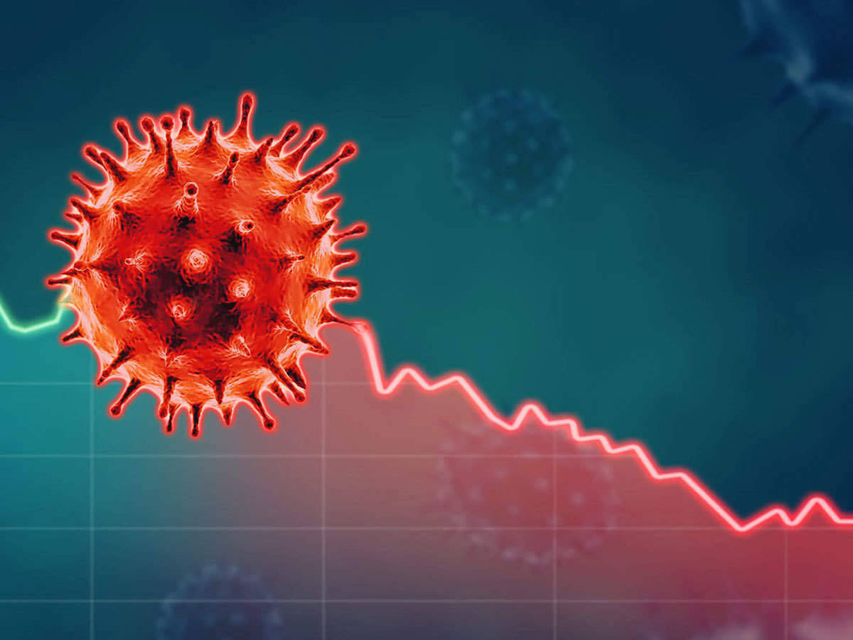 Coronavirus 桌布 壁紙 — 一個發光的紅色病毒粒子懸浮在一個急劇下降的紅色圖表線上方，背景是青綠色網格。
