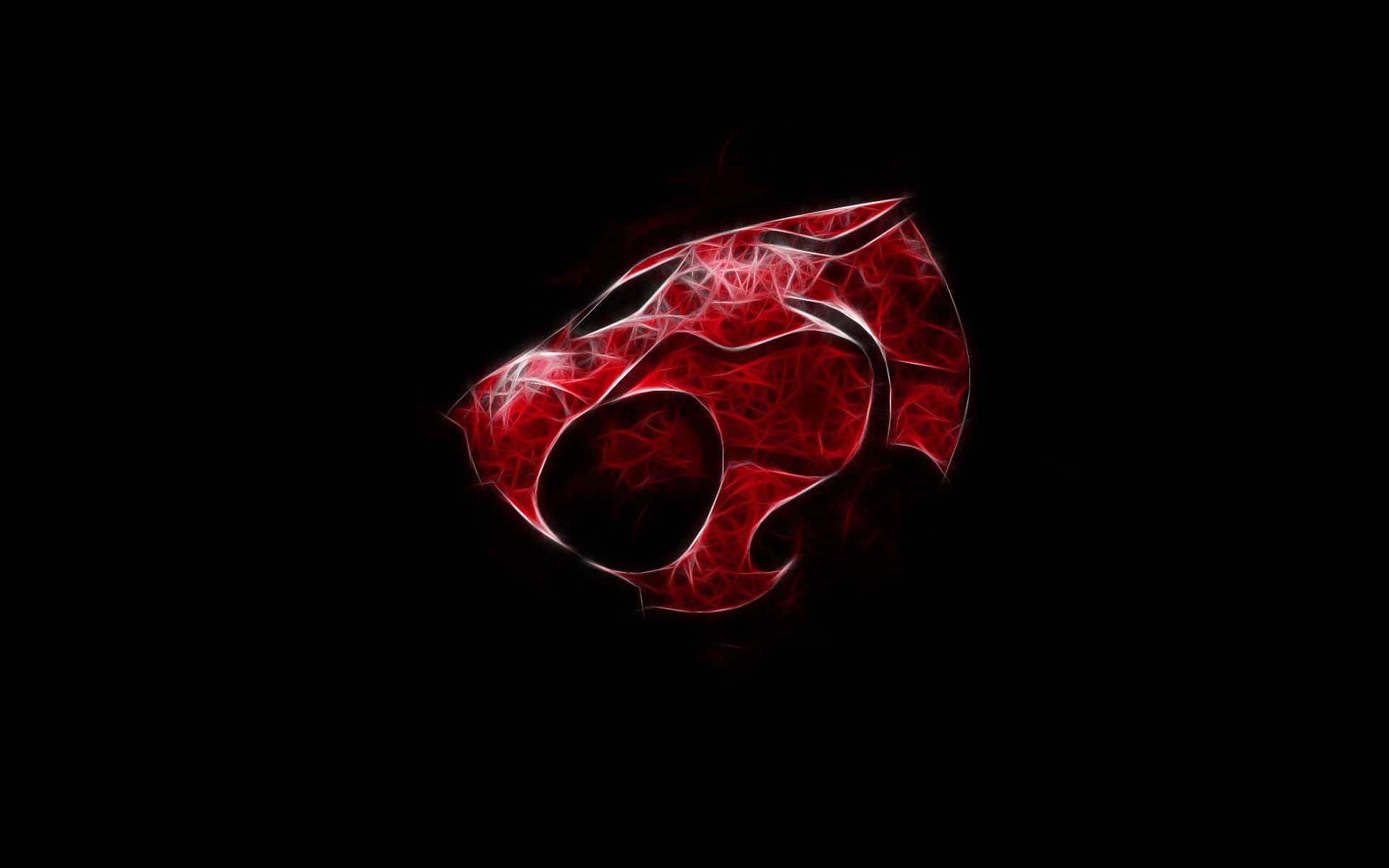 Red Wolf 桌布 壁紙 — 一個發光的紅色碎形虎頭標誌在純黑背景上脈動，帶有電光白色輪廓。