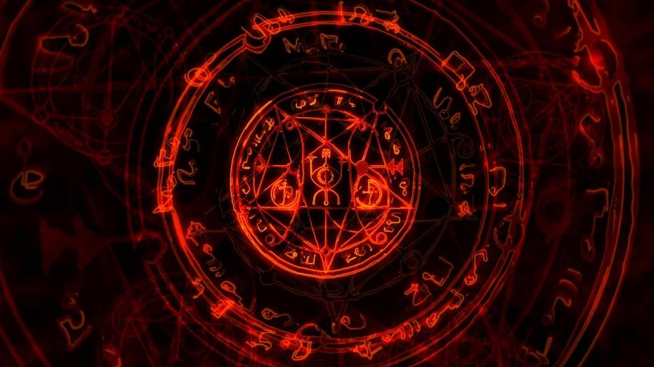 撒旦 桌布 壁紙 — 一個發光的紅色神秘五角星，被神秘符號包圍，在黑暗背景下散發光芒。