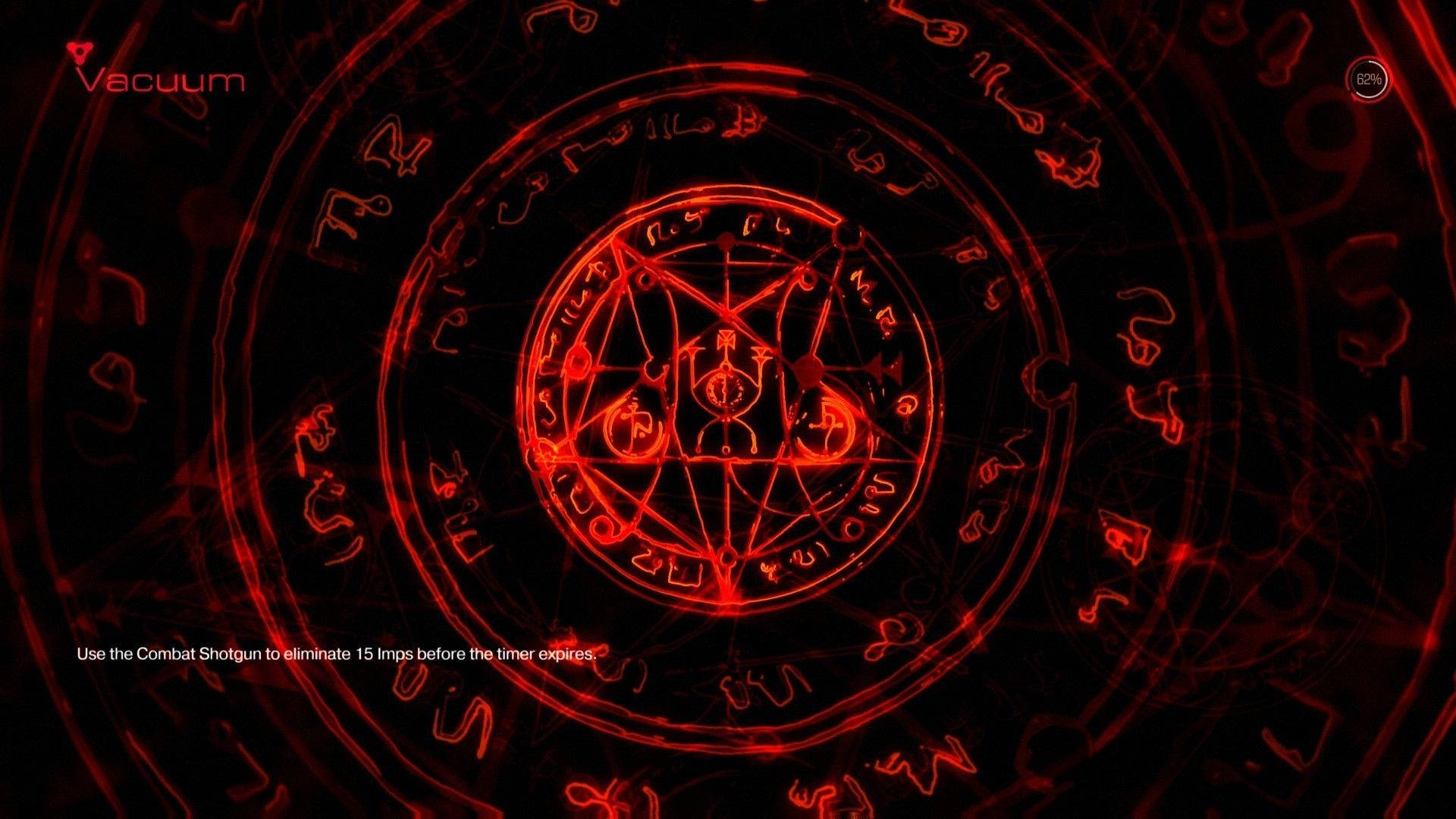威卡 桌布 壁紙 — 一個發光的紅色神秘五角星被神秘符號包圍，在黑色背景的遊戲介面中脈動。