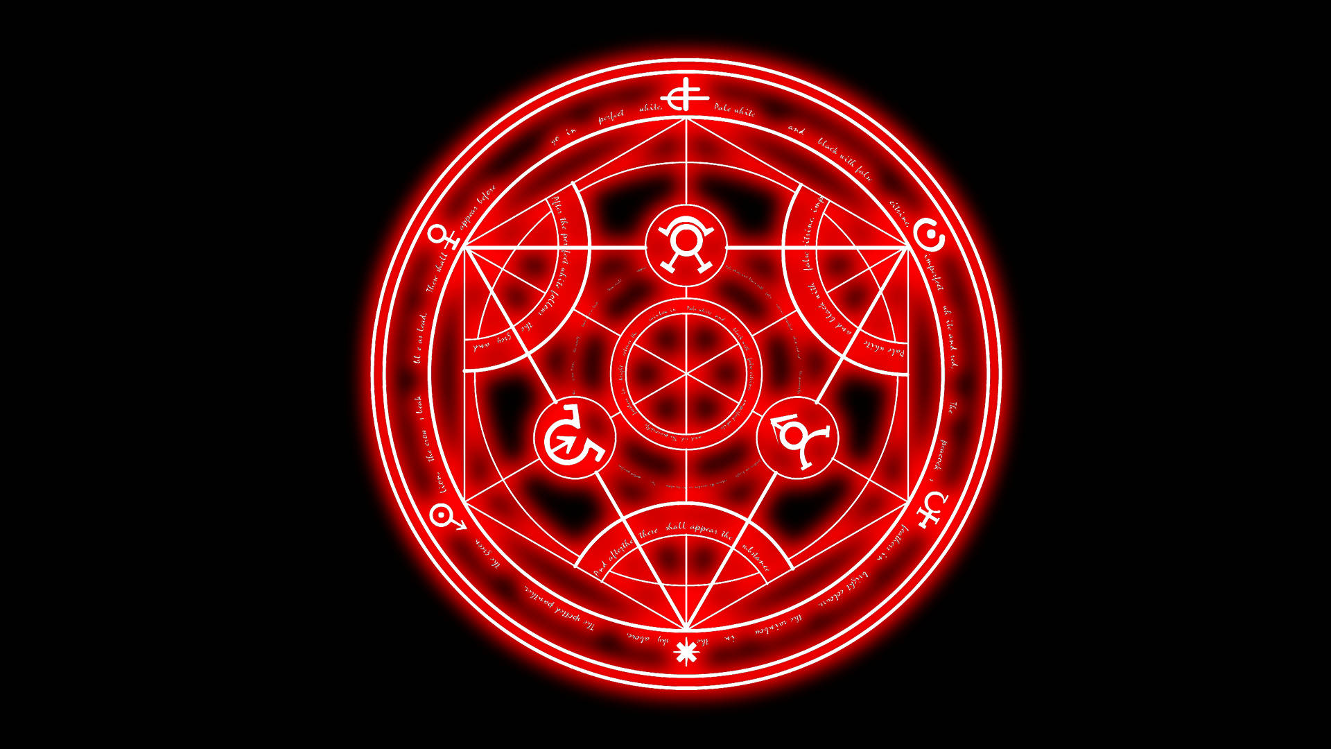 Fullmetal Alchemist 桌布 壁紙 — 一個發光的紅色神秘圓圈，帶有複雜的符號和文字，在黑色背景上散發光芒。