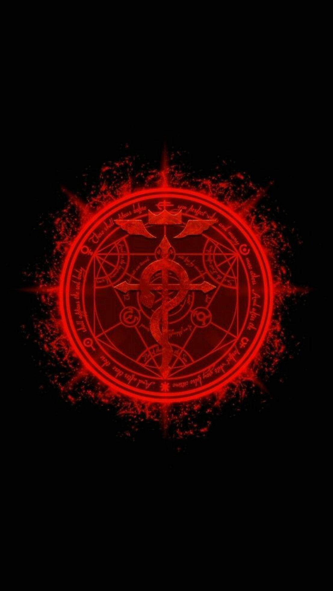 Fullmetal Alchemist 桌布 壁紙 — 一個發光的紅色神秘符號在漆黑背景上散發能量，帶有火焰粒子效果。