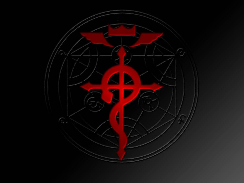 Fullmetal Alchemist 桌布 壁紙 — 一個發光的紅色符號，帶有翅膀和皇冠，漂浮在一個複雜的黑色圓形設計之上，背景為深色漸變。