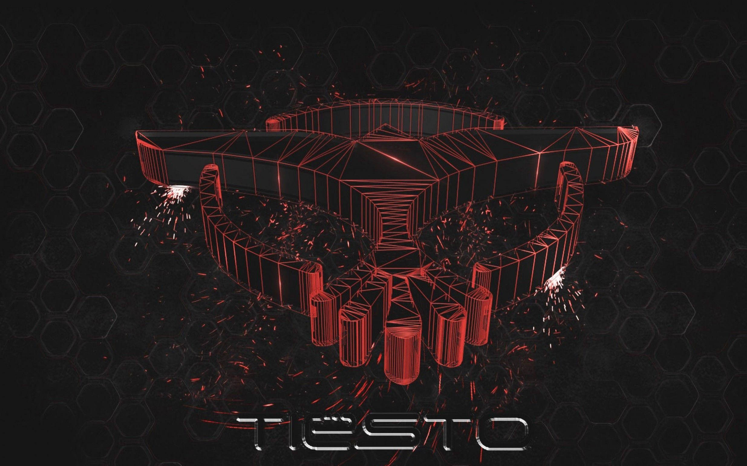 Tiesto 桌布 壁紙 — 一個發光的紅色線框結構，類似未來主義的王冠或頭盔，在黑暗的六邊形背景上從火花中浮現。