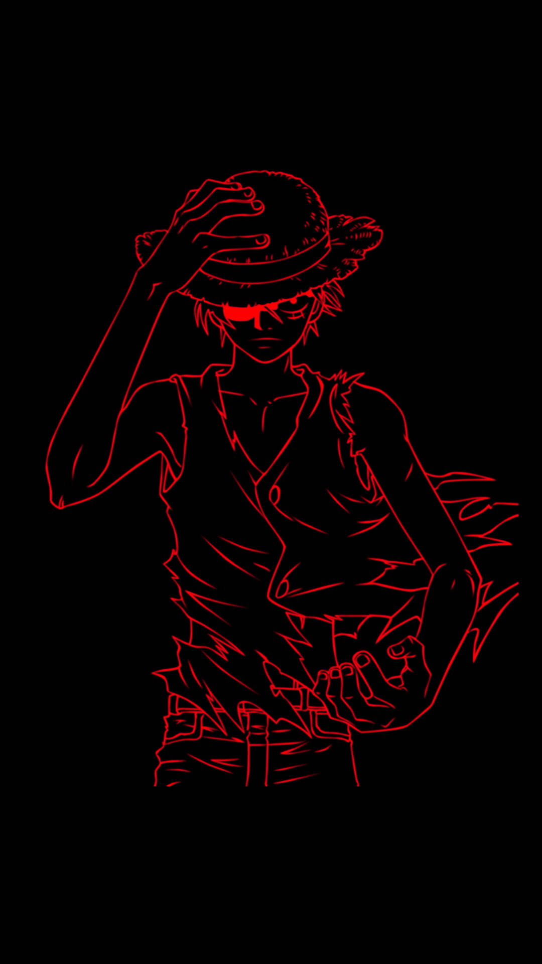 Luffy 桌布 壁紙 — 一個發光的紅色線條動漫角色戴著草帽，在黑色背景前調整他的帽子。