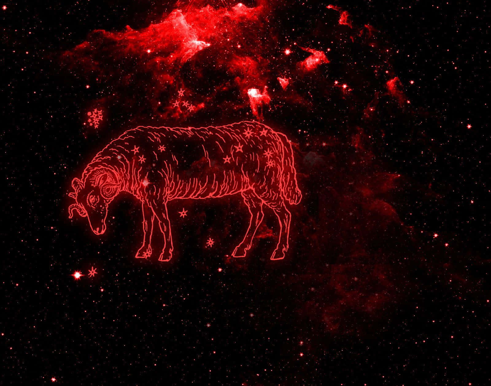 aries 桌布 壁紙 — 一個發光的紅色線條藝術公羊星座，在一個有旋轉星雲的星空宇宙背景下矗立。