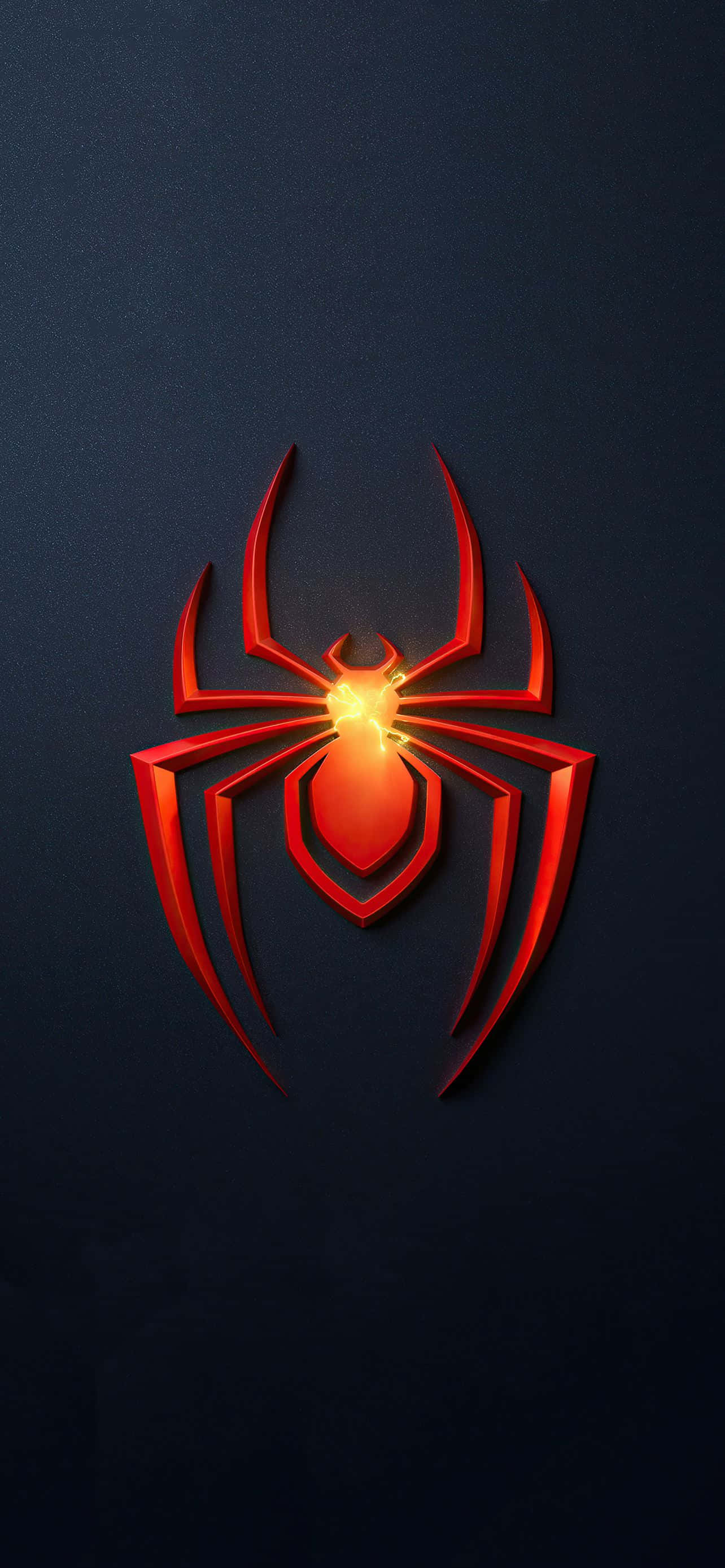 Spider Man Logo 桌布 壁紙 — 一個發光的紅色蜘蛛標誌，帶有鋒利的金屬邊緣，在深色紋理背景上散發光芒。