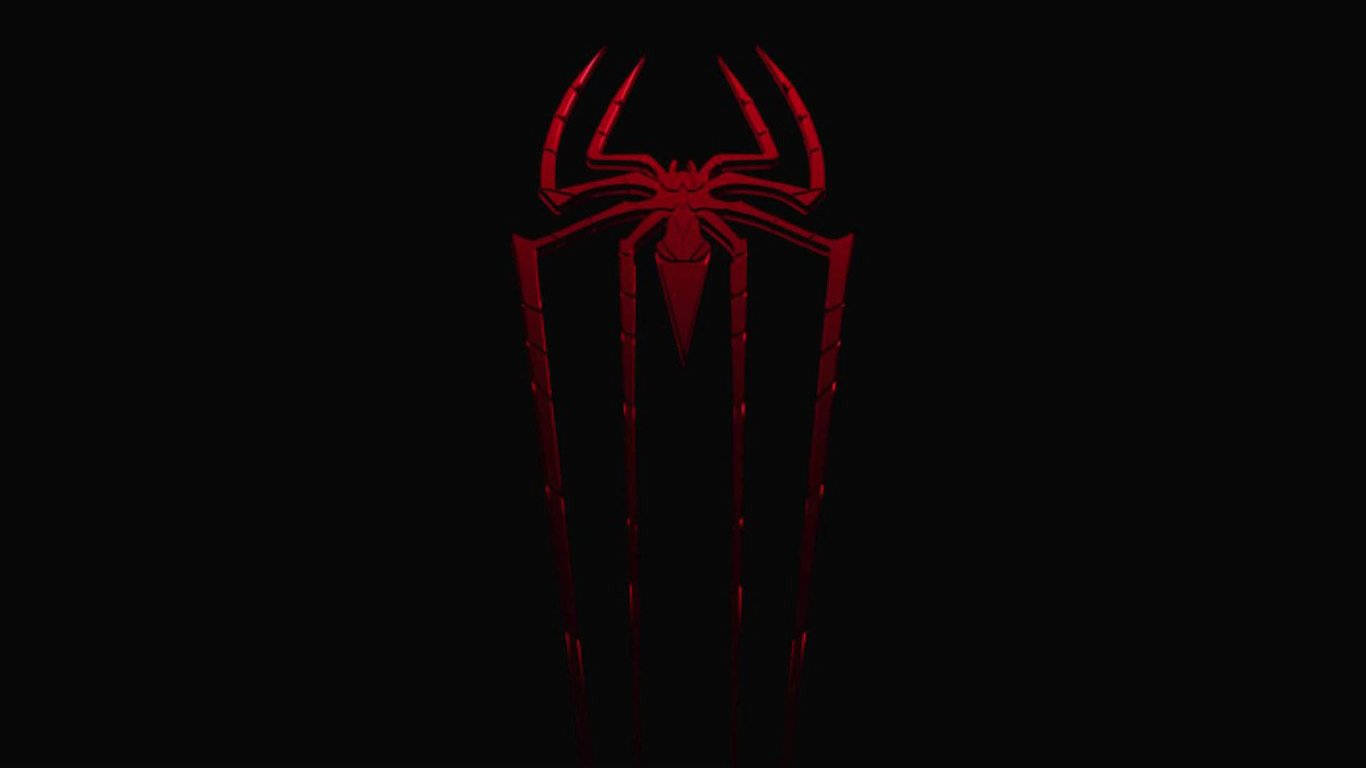 Spiderman 1366x768 桌布 壁紙 — 一個發光的紅色蜘蛛標誌聳立在漆黑背景上，帶有尖銳的角線。