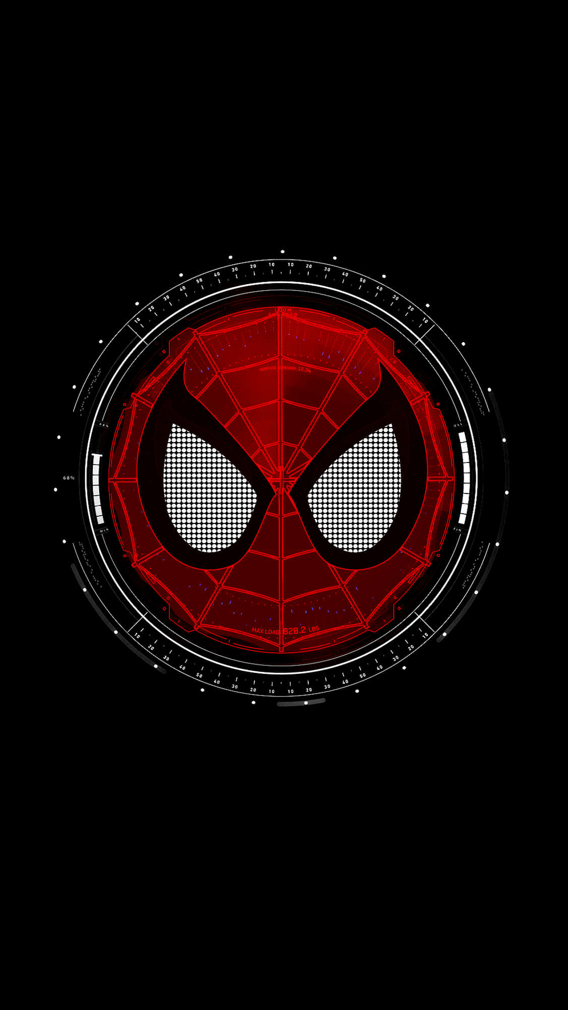 Spider Man Phone 桌布 壁紙 — 一個發光的紅色蜘蛛面具，置於黑色背景上的未來風格圓形HUD介面中央。
