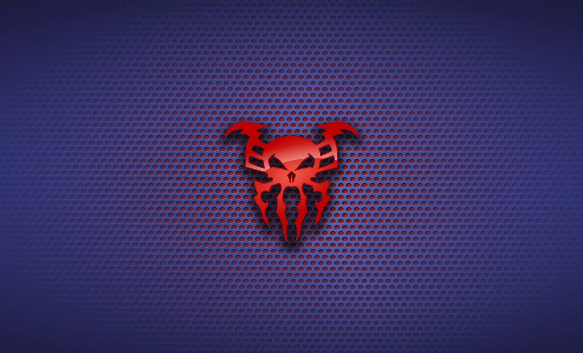 Spider Man Logo 桌布 壁紙 — 一個發光的紅色蜘蛛頭骨標誌，居中在深藍色穿孔金屬背景上。