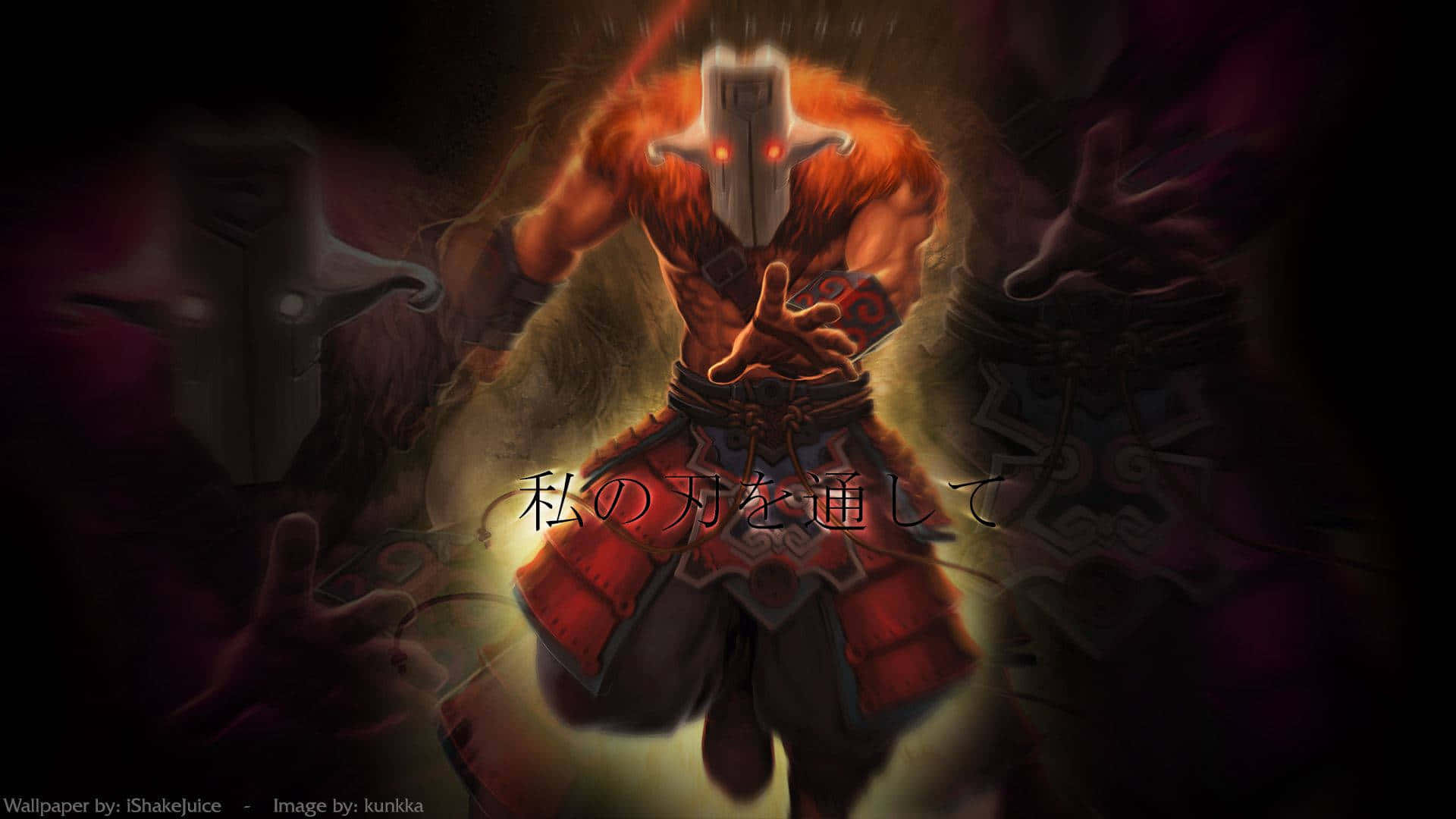 電玩遊戲 桌布 壁紙 — 一個發光的紅色裝甲戰士，戴著白色面具和發光的眼睛，站在黑暗神秘的環境中。