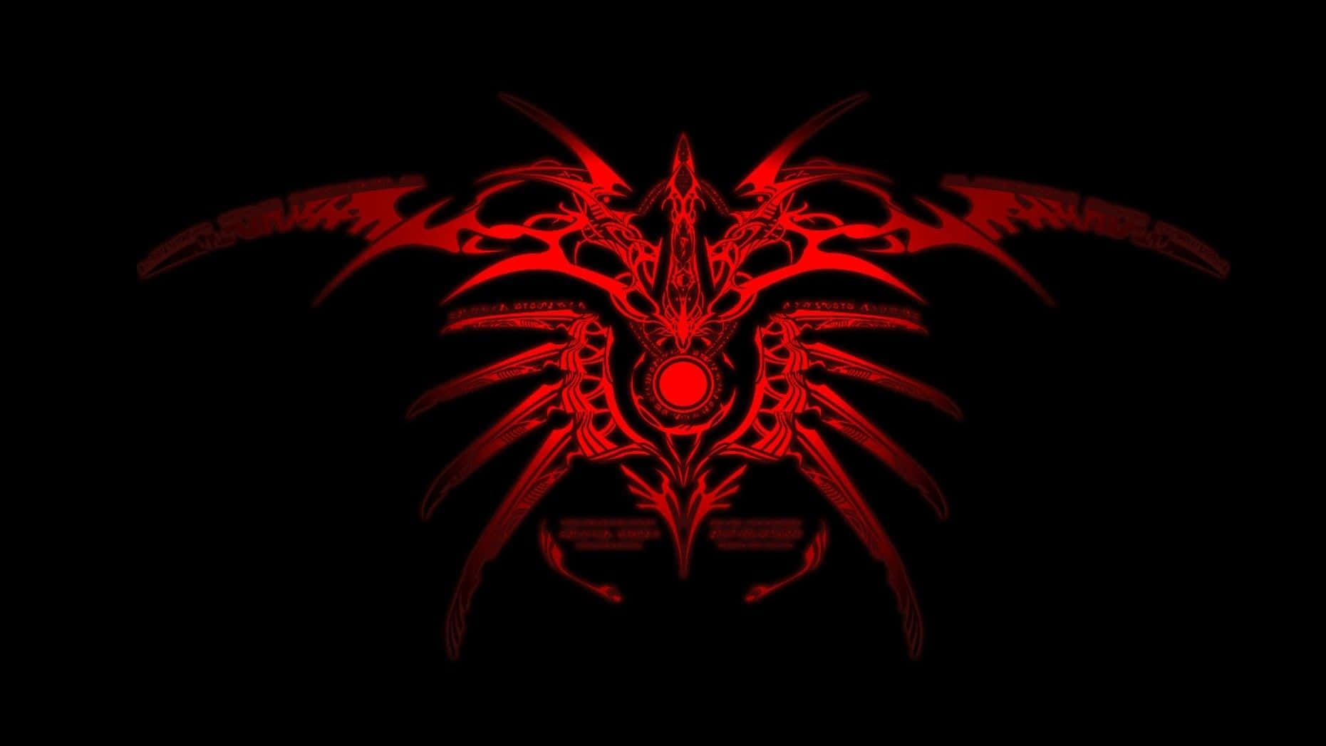 Red Gaming 桌布 壁紙 — 一個發光的紅色複雜惡魔符號，帶有翅膀和尖刺，在純黑色背景上放射光芒。