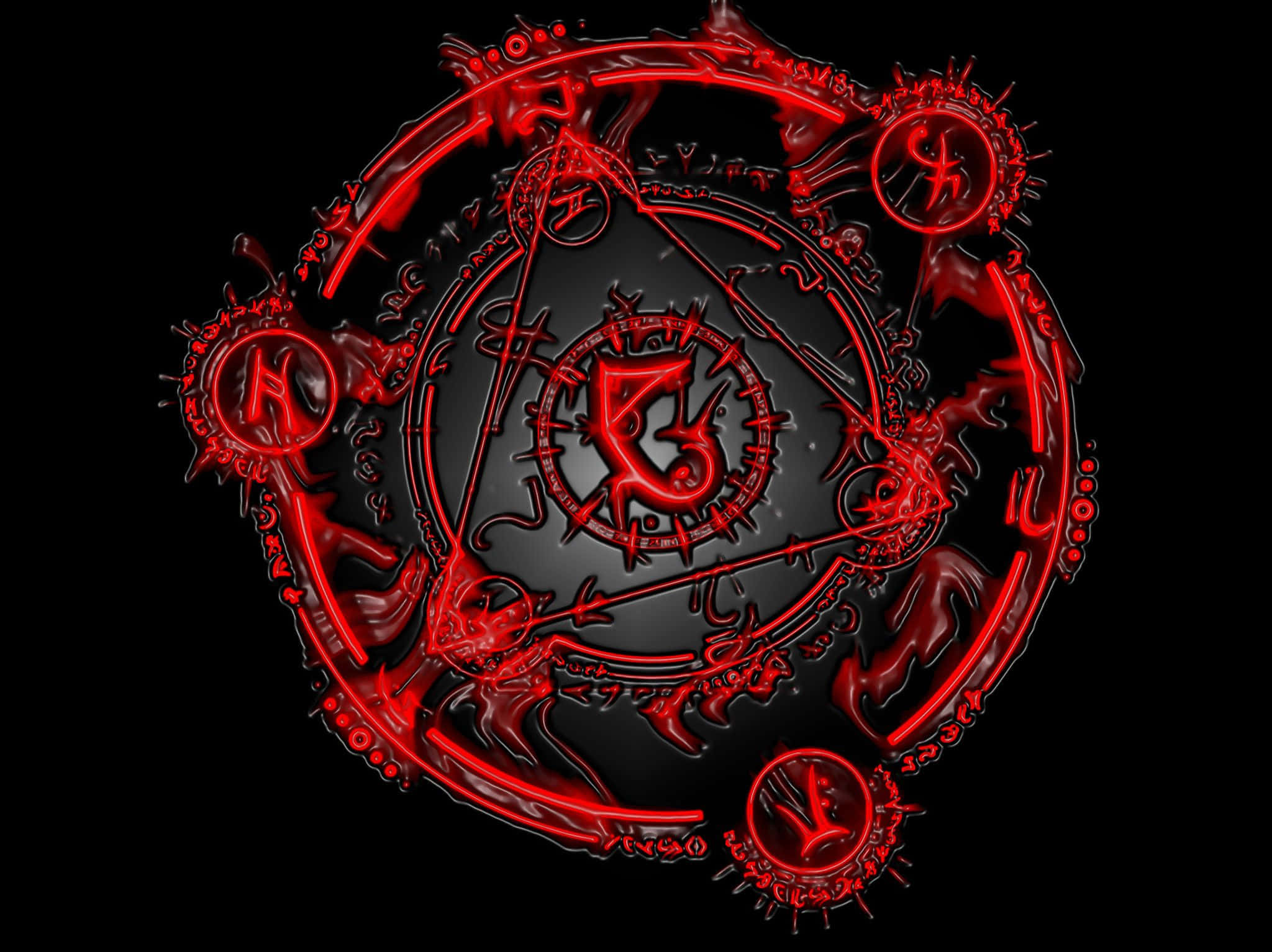 Dark Circles 桌布 壁紙 — 一個發光的紅色複雜神秘符號，帶有惡魔印記和占星學標誌，背景為黑色。