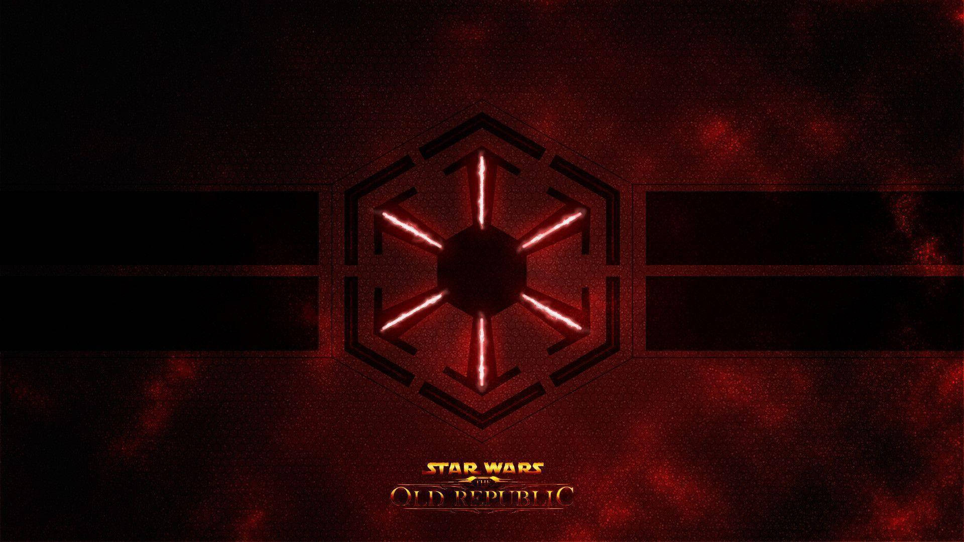Sith 桌布 壁紙 — 一個發光的紅色西斯帝國徽章在黑暗紋理背景和火紅煙霧雲中脈動。