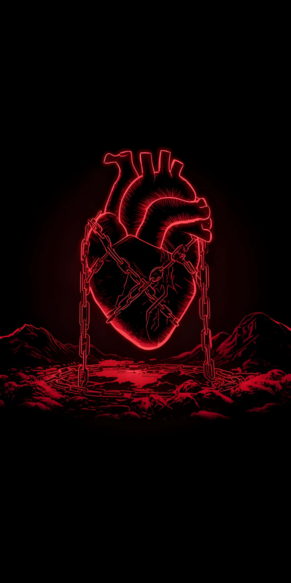Grounded Soul Neon Red Heart with Heavy Chains Wallpaper 壁紙 — 一個發光的紅色解剖心臟，用鏈條懸掛在岩石景觀上方，背景為黑色。