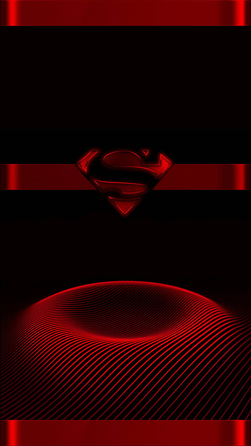 superman symbol iPhone 桌布 壁紙 — 一個發光的紅色超人標誌，居中在黑色背景上，下方有放射狀的紅色波浪圖案。