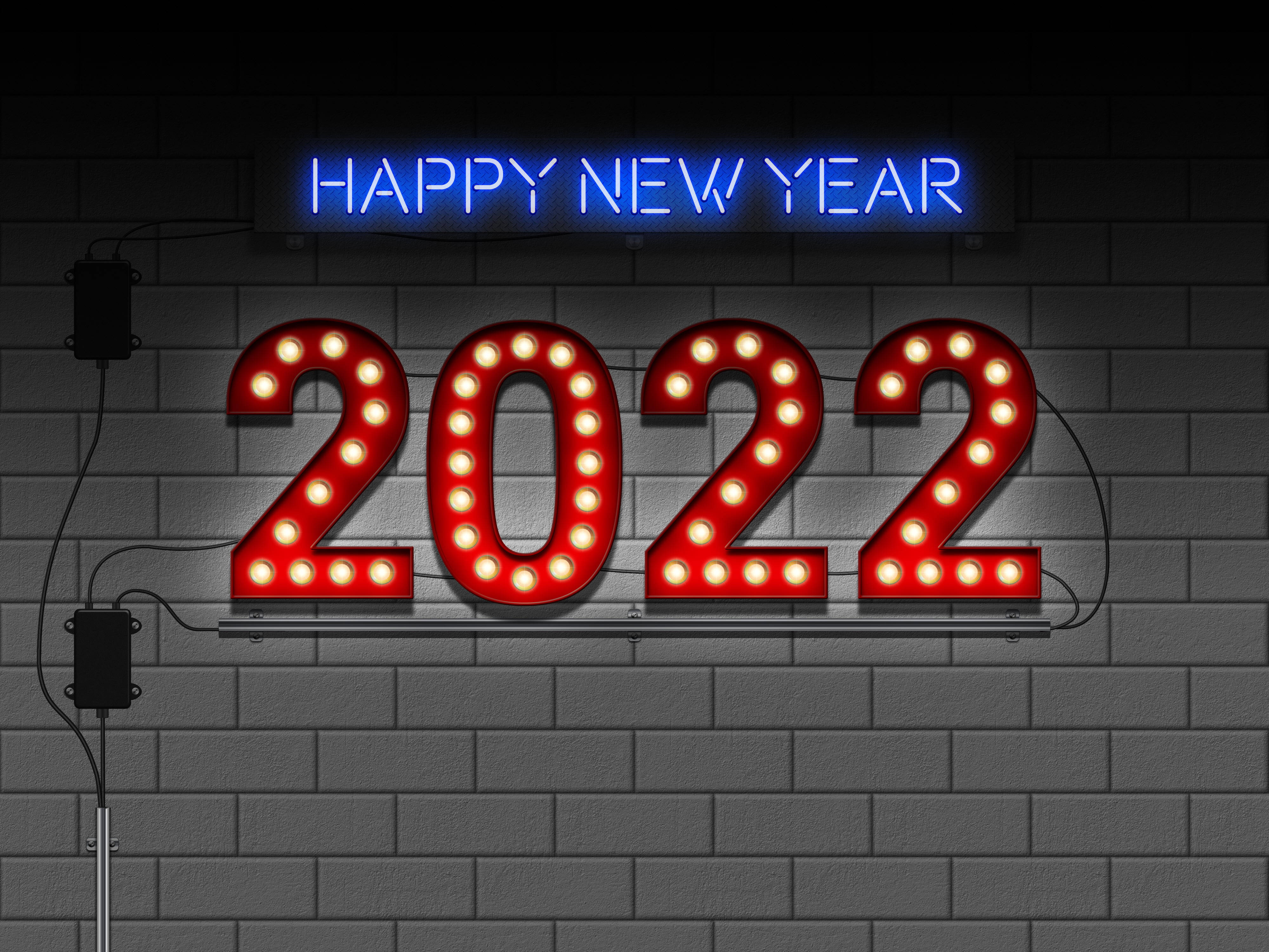 New 桌布 壁紙 — 一個發光的紅色跑馬燈顯示「2022」，上方有一個藍色霓虹燈牌寫著「HAPPY NEW YEAR」，背景是深色磚牆。