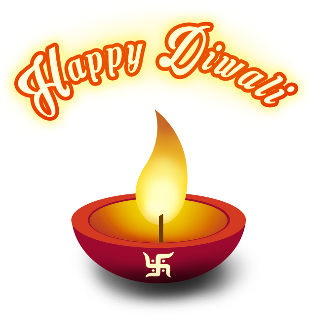 Festival 桌布 壁紙 — 一個發光的紅色迪亞，帶有明亮的火焰，上方有橙色的「Happy Diwali」文字，背景為黑色。