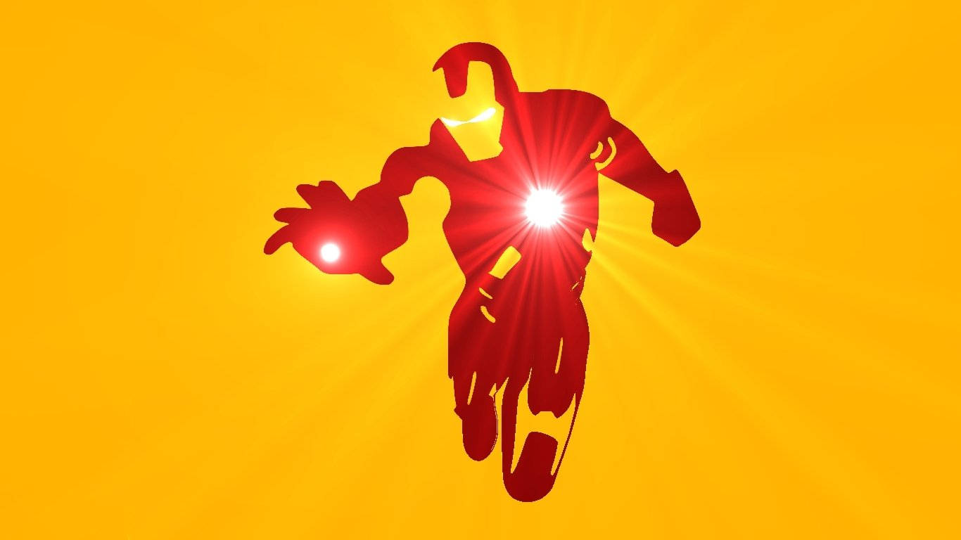 Iron Man Logo 桌布 壁紙 — 一個發光的紅色鋼鐵人剪影在帶有太陽光線的耀眼黃色背景上跳躍。