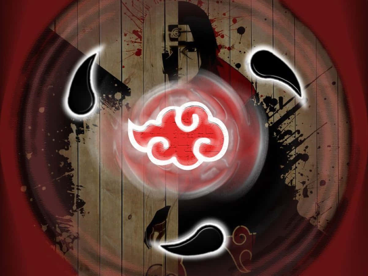 Akatsuki Symbol 桌布 壁紙 — 一個發光的紅色雲符號在一個帶有黑色淚滴形狀和潑濺效果的粗糙木圓中心脈動。