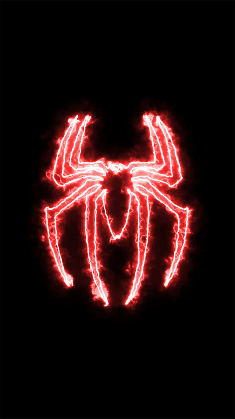 Black Red Neon 桌布 壁紙 — 一個發光的紅色電蜘蛛標誌在純黑色背景上脈動，帶有火熱的能量效果。