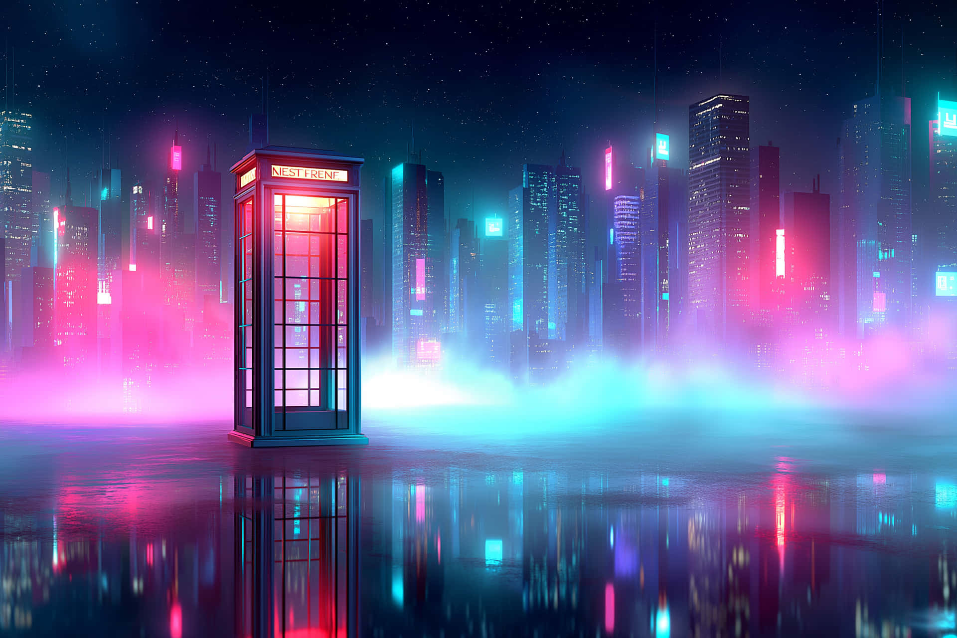 Futuristic Glass Telephone Booth with Neon Glow 壁紙 — 一個發光的紅色電話亭獨自矗立在充滿霓虹燈的賽博龐克城市景觀中，在潮濕的瀝青路面上反射，背景是繁星點點的夜空。