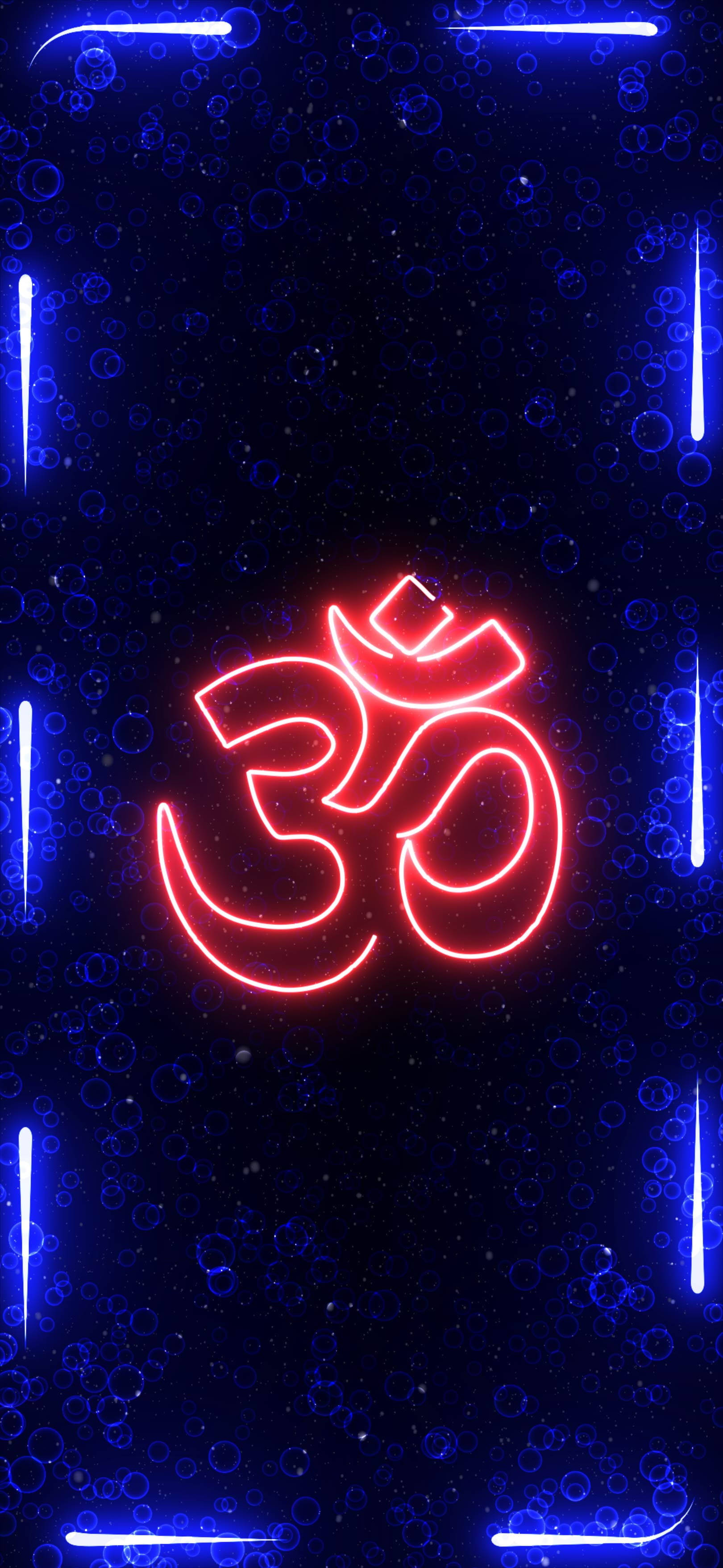 Hindi 桌布 壁紙 — 一個發光的紅色霓虹燈 Om 符號在深藍色宇宙背景上脈動，周圍環繞著發光的藍色線條和氣泡。