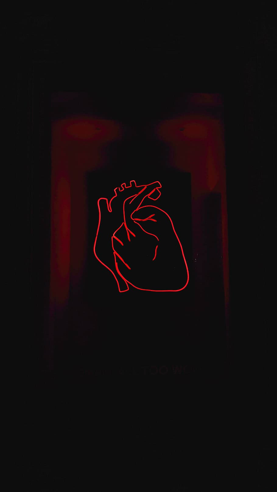Dark Heart 桌布 壁紙 — 一個發光的紅色霓虹燈人體心臟輪廓在漆黑背景中脈動，帶有微弱的紅色環境光。
