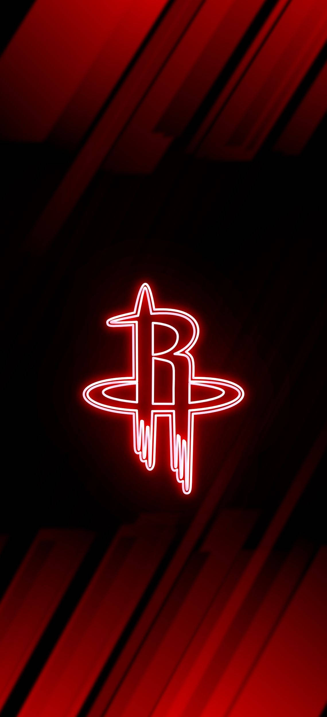 Houston Rockets 桌布 壁紙 — 一個發光的紅色霓虹燈休士頓火箭隊標誌，居中於帶有對角紅色條紋的深色抽象背景上。
