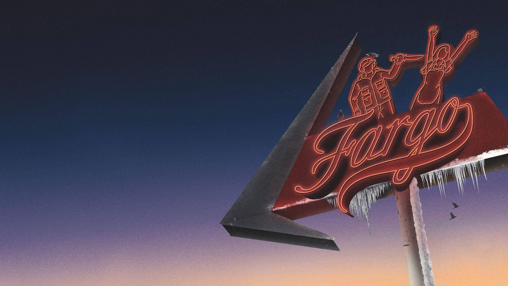 poster 桌布 壁紙 — 一個發光的紅色霓虹燈招牌，上面寫著 Fargo，邊緣掛著冰柱，背景是黃昏的天空。