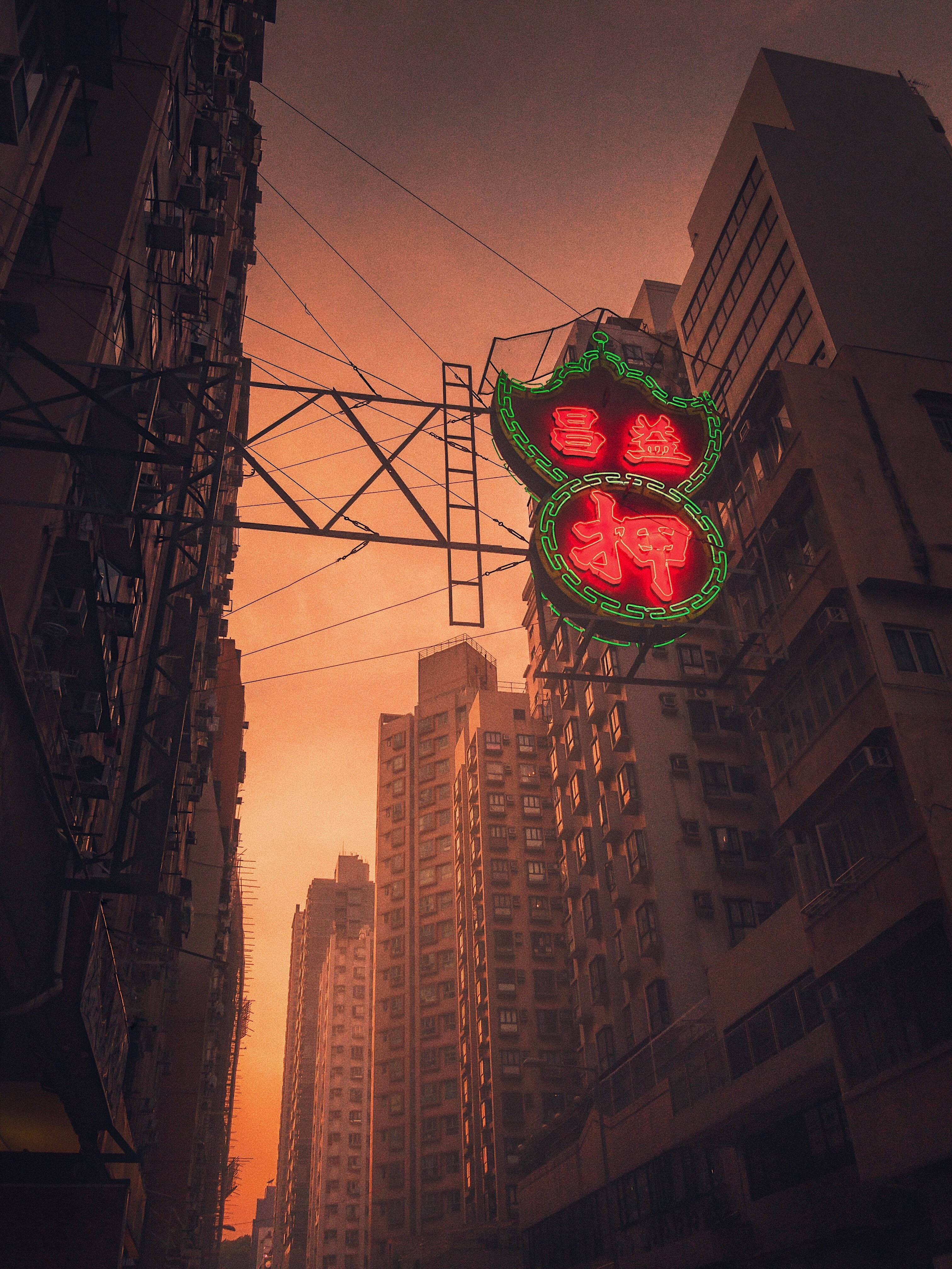Neon Phone 桌布 壁紙 — 一個發光的紅色霓虹燈招牌，帶有綠色邊框，懸掛在沐浴在溫暖夕陽光中的高聳城市建築之間。