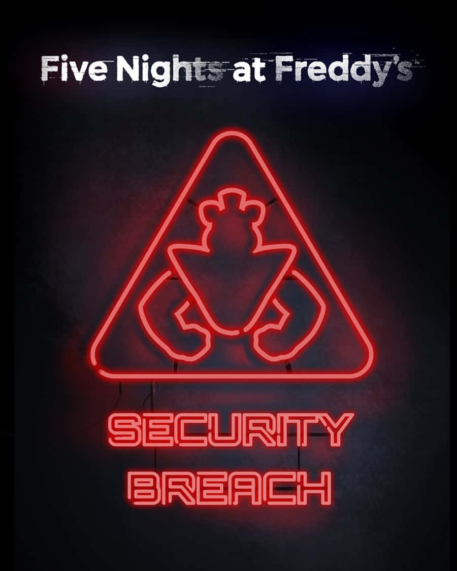 紅色霓虹燈標誌警告安全漏洞，帶有Freddy Fazbear吉祥物。 — 佛萊迪餐館之五夜驚魂 GIF 壁紙