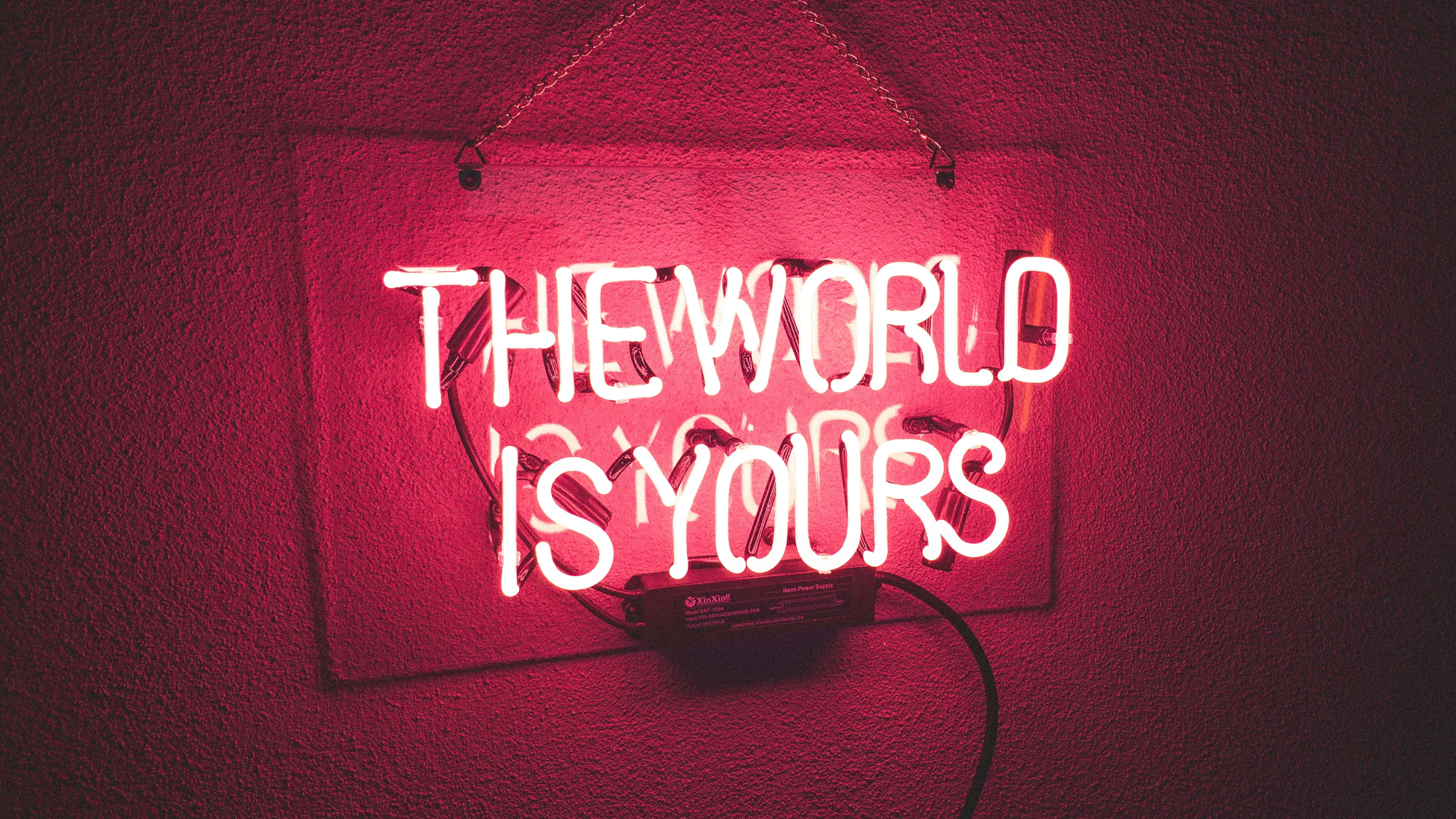 Light Red 桌布 壁紙 — 一個發光的紅色霓虹燈牌，上面寫著「THE WORLD IS YOURS」，掛在紋理牆上，散發出溫暖的環境光。