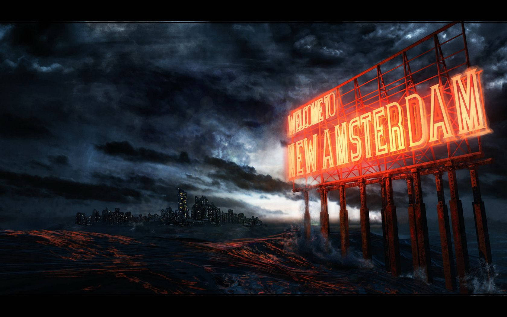 Welcome 桌布 壁紙 — 一個發光的紅色霓虹燈牌，上面寫著「WELCOME TO NEW AMSTERDAM」，在暴風雨的海水中傲然矗立，遠處一座被淹沒的城市在黑暗的天空下隱約可見。
